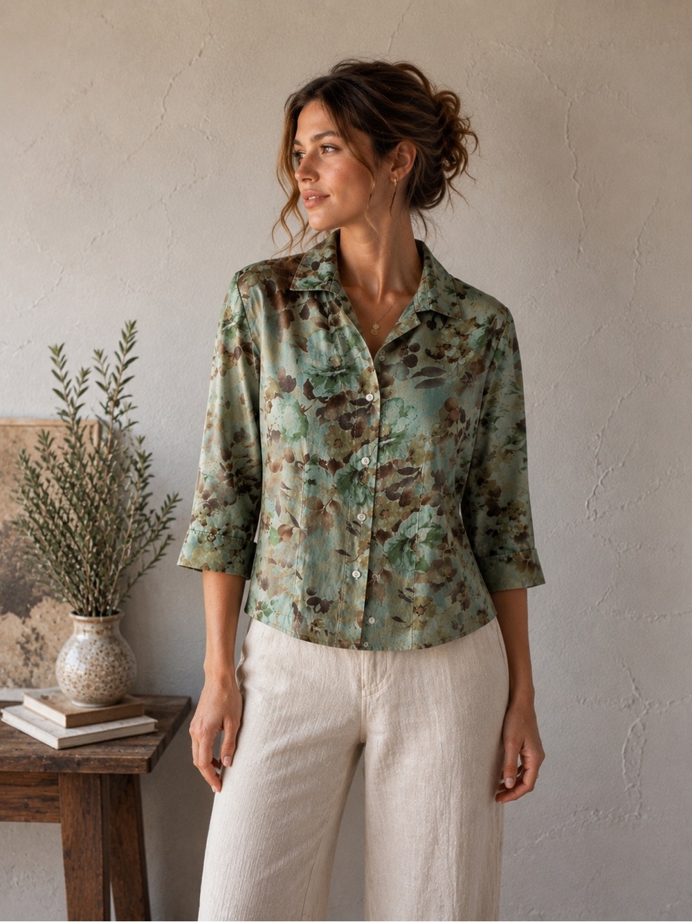 Tianello Watercolor Floral Tencel Blouse Sage Green Artsy Botanical Button Front